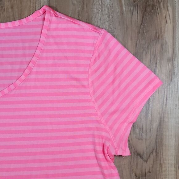 🔺️Danskin Neon Pink Striped Vneck Athletic Top XLarge - Picture 5 of 8